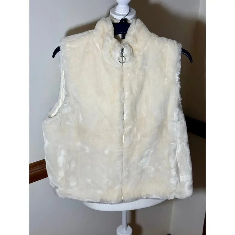 Ann Taylor LOFT Ivory Faux Fur Zip Vest Large